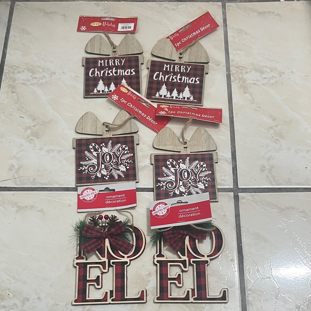 Holiday Time Plaid Merry Christmas and Joy Ornaments - Red and White